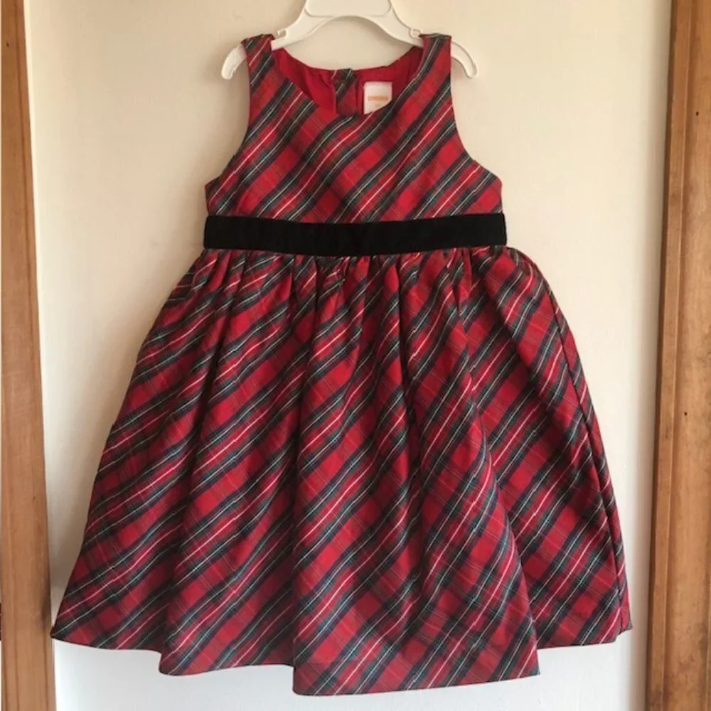 GYMBOREE Red Tartan Plaid Sleeveless Black Velvet Bow Dress 5T